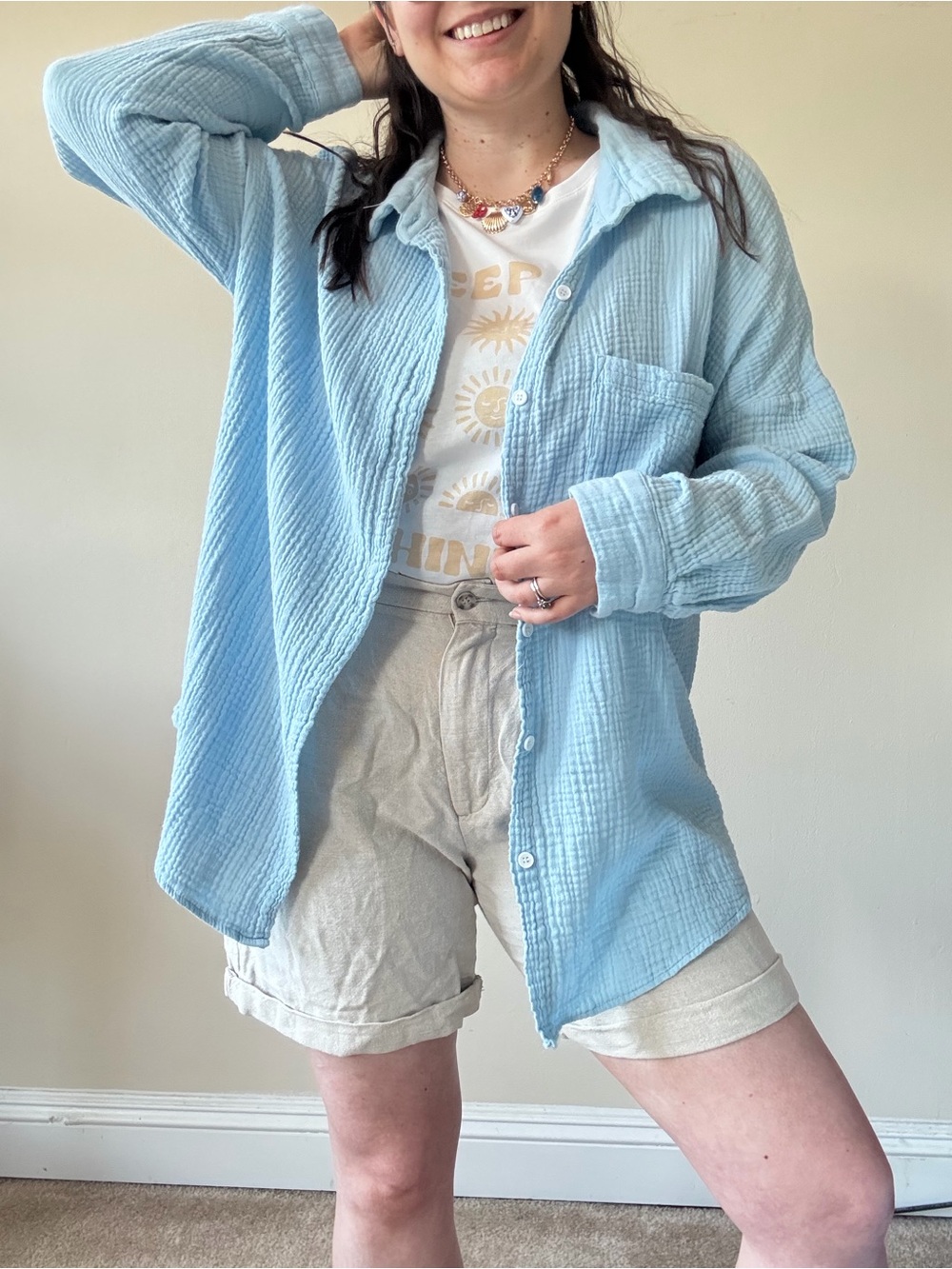 Light Blue Gauzy Textured Button-Up